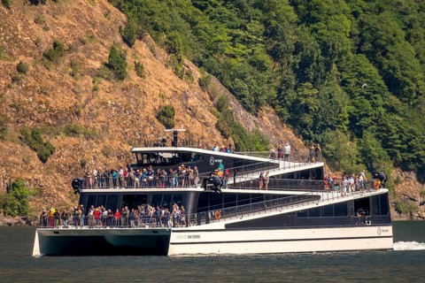 Catamaran, The Fjords, excursion boat, fjord, Nærøyfjorden, cliffs, trees, Styvi, Sogn og Fjordane,
