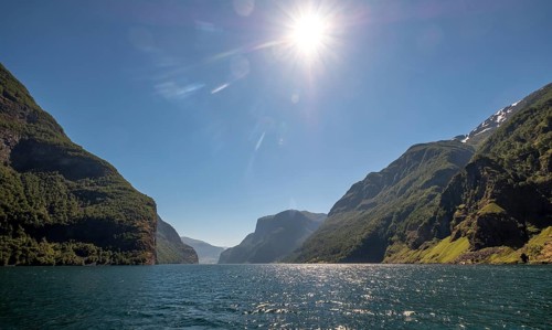 Fjord, Nærøyfjorden, Flåm, Gudvangen, mountains, trees, blue sky, sunshine, Undredal, Sogn og