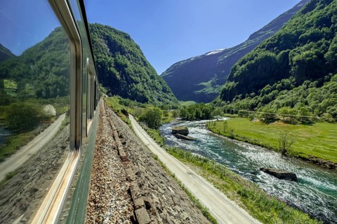 Travelling by Flam Railway, iron railway journey, view from Flåmsbana, Ryavegen, mountains,
