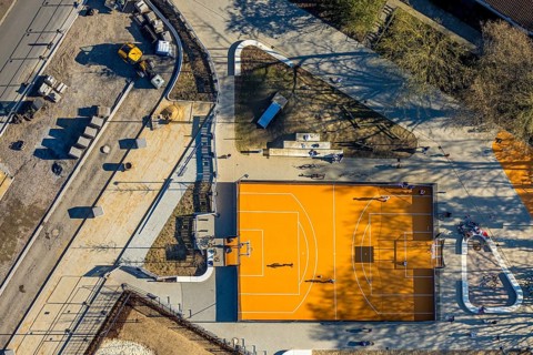 Aerial view, Marienschule Büderich primary school, construction site family centre Büderich daycare