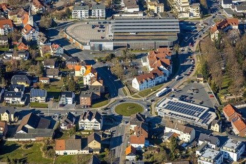 Aerial view, roundabout Hellweg, Aldi supermarket, above Kaufland supermarket, Werl, Soester Börde,