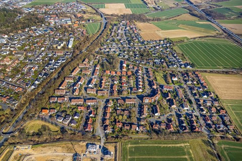 Aerial view, residential area, local view on the L969 country road, building site construction site