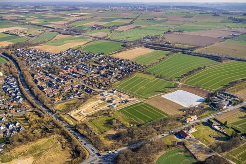 Aerial view, residential area, local view on the L969 country road, building site construction site