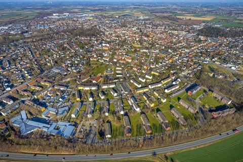 Aerial view, residential area local view Werl, blue sky with distant view, below the
