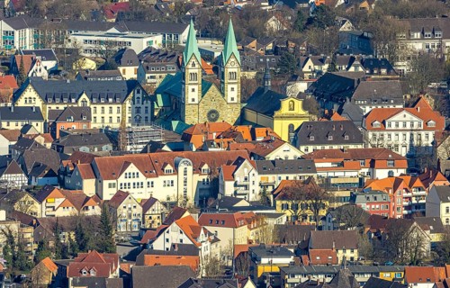 Aerial view, old town with pilgrimage basilica of the Visitation of the Virgin Mary, Werl, Soester