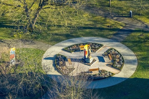 Aerial view, monastery garden circular monument at the pilgrimage basilica Mariä Heimsuchung, Werl,