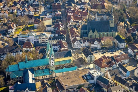 Aerial view, Old Town with St. Walburga Probsteikirche, Old pilgrimage church and pilgrimage