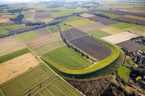 Aerial view, flood retention basin Bruchbachtal-Büderich, meadows and fields, Westbüderich, Werl,