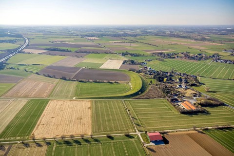 Aerial view, flood retention basin Bruchbachtal-Büderich, meadows and fields, Westbüderich, Werl,