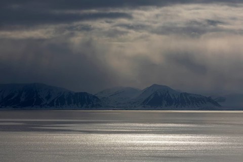 Clouds, sunspot, sea, mountains, Longyearbyen, Spitsbergen, Svalbard