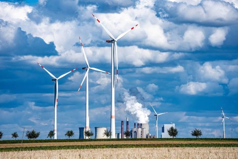 RWE's Neurath lignite-fired power station, wind farm, Rhenish lignite mining region of North