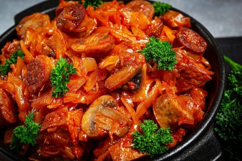 Bigos, bigus is a national Polish dish, made of cabbage and meat, stewed, homemade, no people
