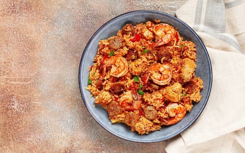 Jambalaya, Creole dish, American pilaf, rice with chicken and shrimp, vegetables, homemade, no