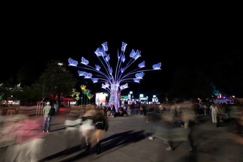 View of Hans-Jochen-Vogel-Platz at the Superbloom Festival at night, day 2 in the Olympic Park,