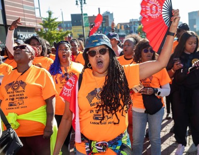 Detroit, Michigan USA - 1 September 2025 -Members of the United Auto Workers march in Detroit's