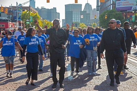 Detroit, Michigan USA - 1 September 2025 - Solomon Kinloch marches with auto workers in Detroit's