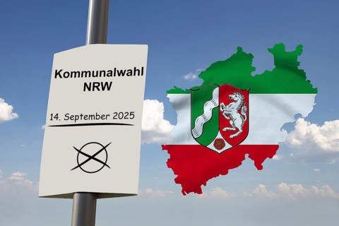 (Photomontage) Election poster with text KOMMUNALWAHL North Rhine-Westphalia 14 SEPTEMBER 2025 next