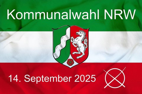 Graphic with the flag of North Rhine-Westphalia with text KOMMUNALWAHL North Rhine-Westphalia 14