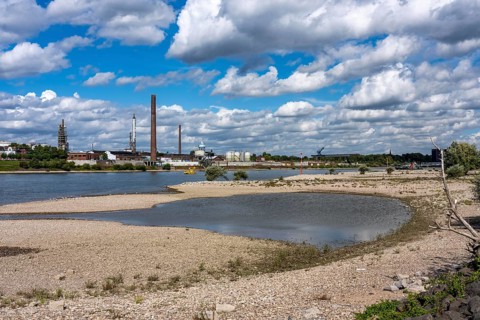 Rhine near Duisburg, low water, Rhine level, the right bank of the Rhine, near Duisburg-Neuenkamp,