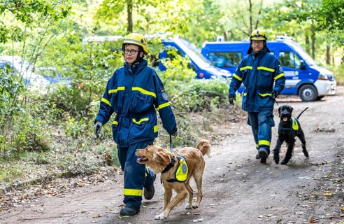 Dog handlers with rescue dogs from the Specialist Locating Group get ready for action, the sniffer