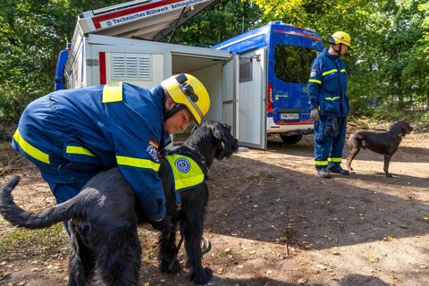 Dog handlers with rescue dogs from the Specialist Locating Group get ready for action, the sniffer