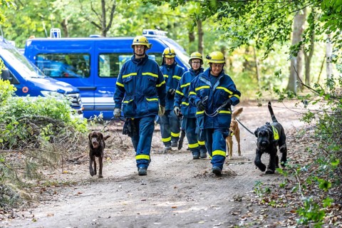 Dog handlers with rescue dogs from the Specialist Locating Group get ready for action, the sniffer