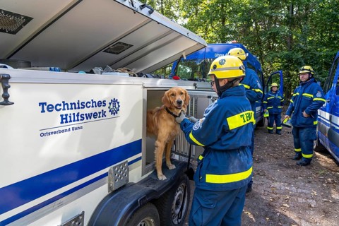 Dog handlers with rescue dogs from the Specialist Locating Group get ready for action, the sniffer