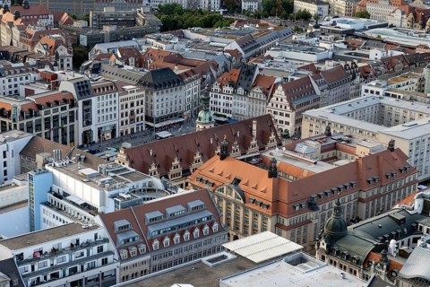View from the observation deck of the City Tower towards the market square and the old town hall,