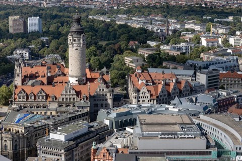 View from the observation deck of the City Skyscraper towards the new town hall, town hall tower,