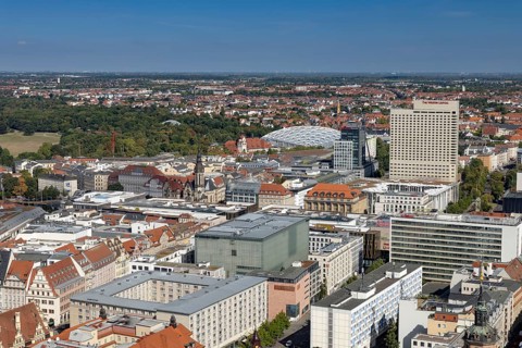 View from the observation deck of the City Tower towards the Zoo, Sparkasse, and The Westin Leipzig