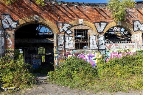 Old locomotive shed at MDR S-Bahn station, Leipzig, Saxony, Germany, 26 August 2025 < english> Old