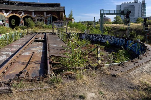Old locomotive shed at MDR S-Bahn station, Leipzig, Saxony, Germany, 26 August 2025 < english> Old
