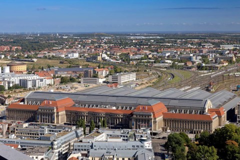 View from the observation deck of the City Tower to the main station, Leipzig, Saxony, Germany, 26