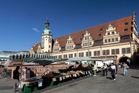 Market square with old town hall, Leipzig, Saxony, Germany, 26.08.2025 < english> Market square