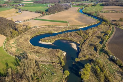 Aerial view, river Lippe meander, Lippe loop, river development and floodplain development of the