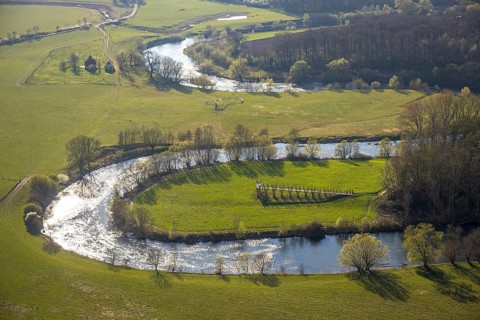 Aerial view, river Lippe meander, Lippe loop, river development and floodplain development of the