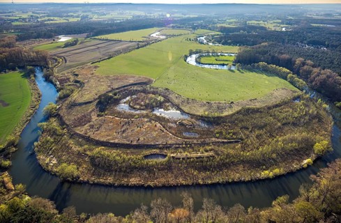 Aerial view, Lippe floodplain and river Lippe meander at the sewage treatment plant Olfen,