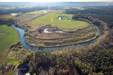 Aerial view, Lippe floodplain and river Lippe meander at the sewage treatment plant Olfen,