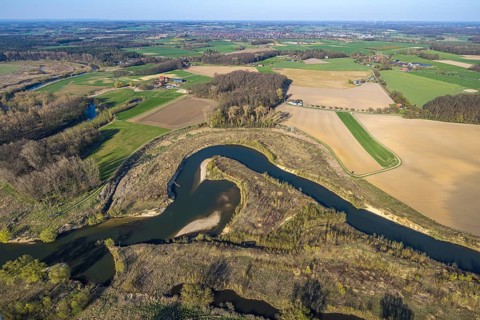 Aerial view, river Lippe meander, Lippe loop, river development and floodplain development of the