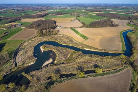 Aerial view, river Lippe meander, Lippe loop, river development and floodplain development of the