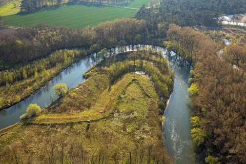 Aerial view, river Lippe meander, Lippe loop, river development and floodplain development of the