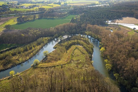 Aerial view, river Lippe meander, Lippe loop, river development and floodplain development of the