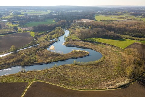 Aerial view, river Lippe meander, Lippe loop, river development and floodplain development of the