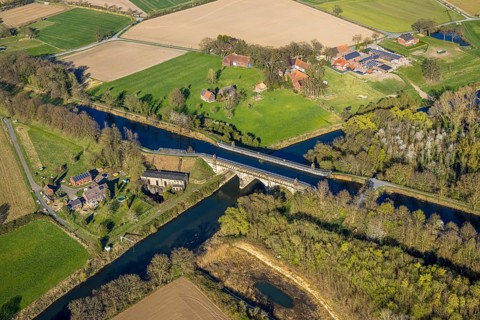 Aerial view, river development and floodplain development of the Lippe Vogelsang, renaturation, old