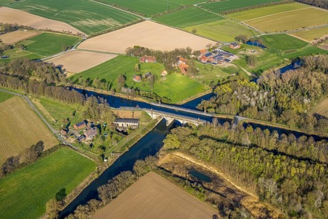 Aerial view, river development and floodplain development of the Lippe Vogelsang, renaturation, old