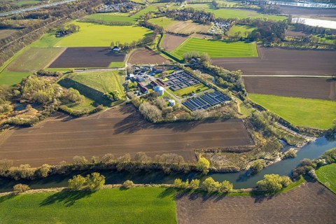 Aerial view, Lippeverband sewage treatment plant Dattelner Mühlenbach, NSG Lippeaue and river