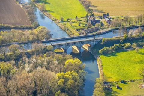 Aerial view, river development and floodplain development of the Lippe Vogelsang, renaturation, old