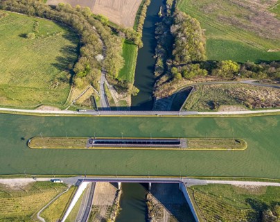 Aerial view, canal bridge Lippe Neue Fahrt, Dortmund-Ems-Kanal, NSG Lippeaue, river and floodplain