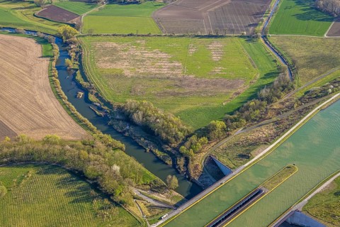 Aerial view, canal bridge Lippe Neue Fahrt, Dortmund-Ems-Kanal, NSG Lippeaue, river and floodplain