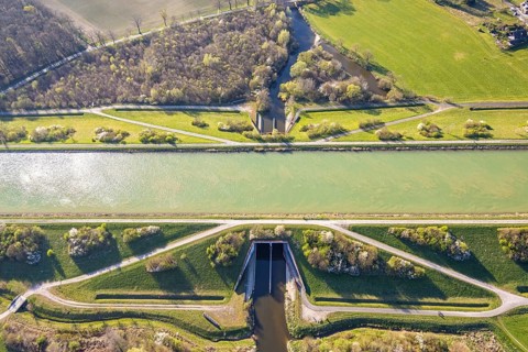 Aerial view, Hohe Mark nature park Park, Datteln-Ems Canal canal overpass and river Stever,
